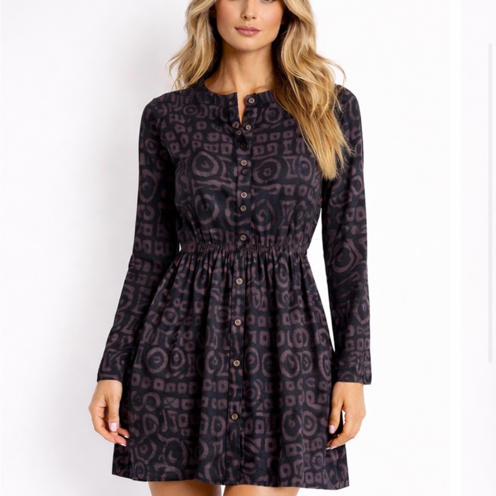 Winter Sun 100% Cotton‎ Women's Black and Putple Patterned Button-Front Dress